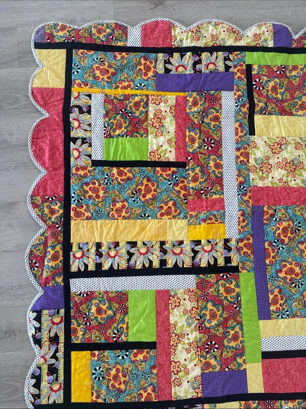 Handmade Patchwork Floral Quilt Size 43x52 inches Bright Colorful Polka Dots